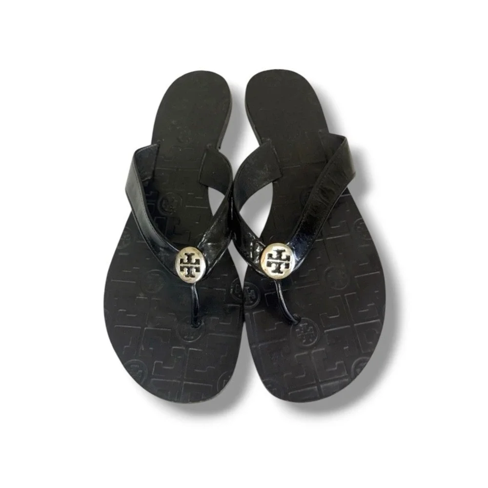 Tory Burch Flip Flop Sandals Women's Size 10M Thora Shoes Black Patent Summer